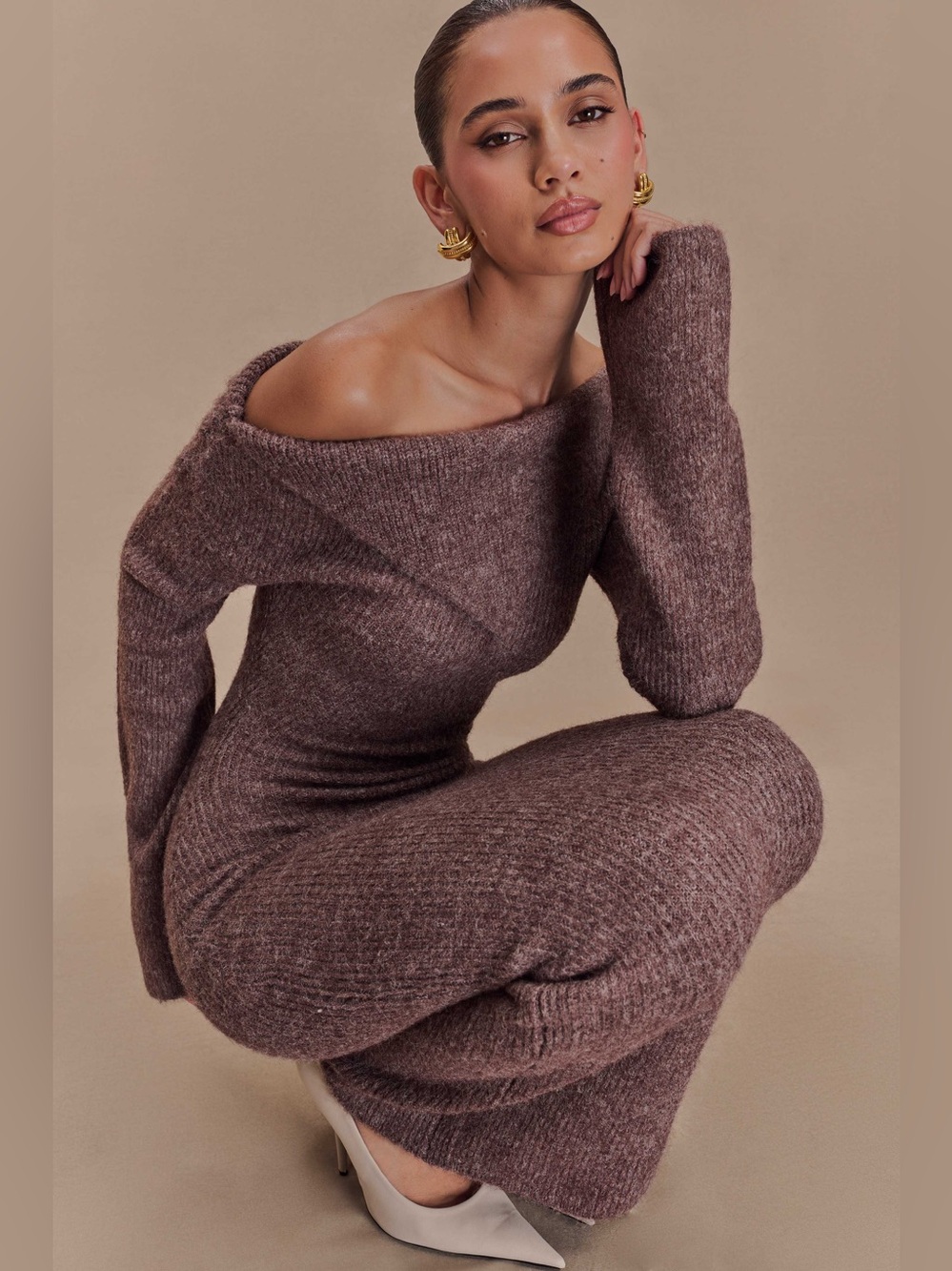 Meshki Magenta Knit Sweater Dress - Pecan, Assymetrical, Old Money, Holiday